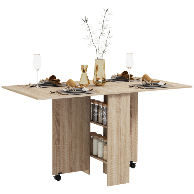 Mobile drop-leaf kitchen table with shelves
