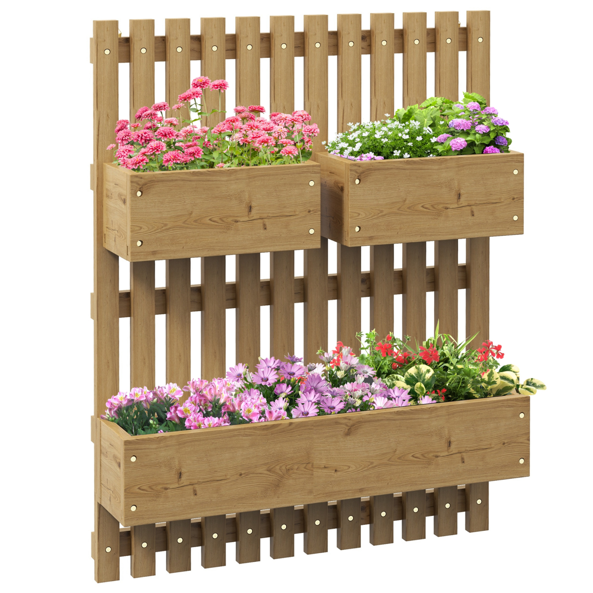 Outsunny Wall-Mounted Wooden Planters with Trellis – Raised Garden Beds for Climbing Plants, Carbonised