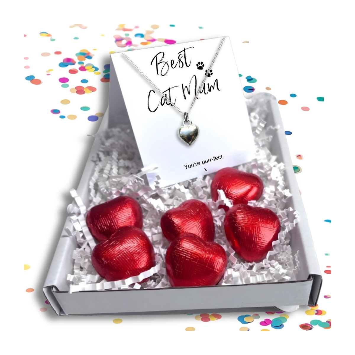 Best Cat Mum Mini Gift Hamper with Silver Heart Necklace, Vanilla Candle & Chocolate Hearts – Cat Lover Gift