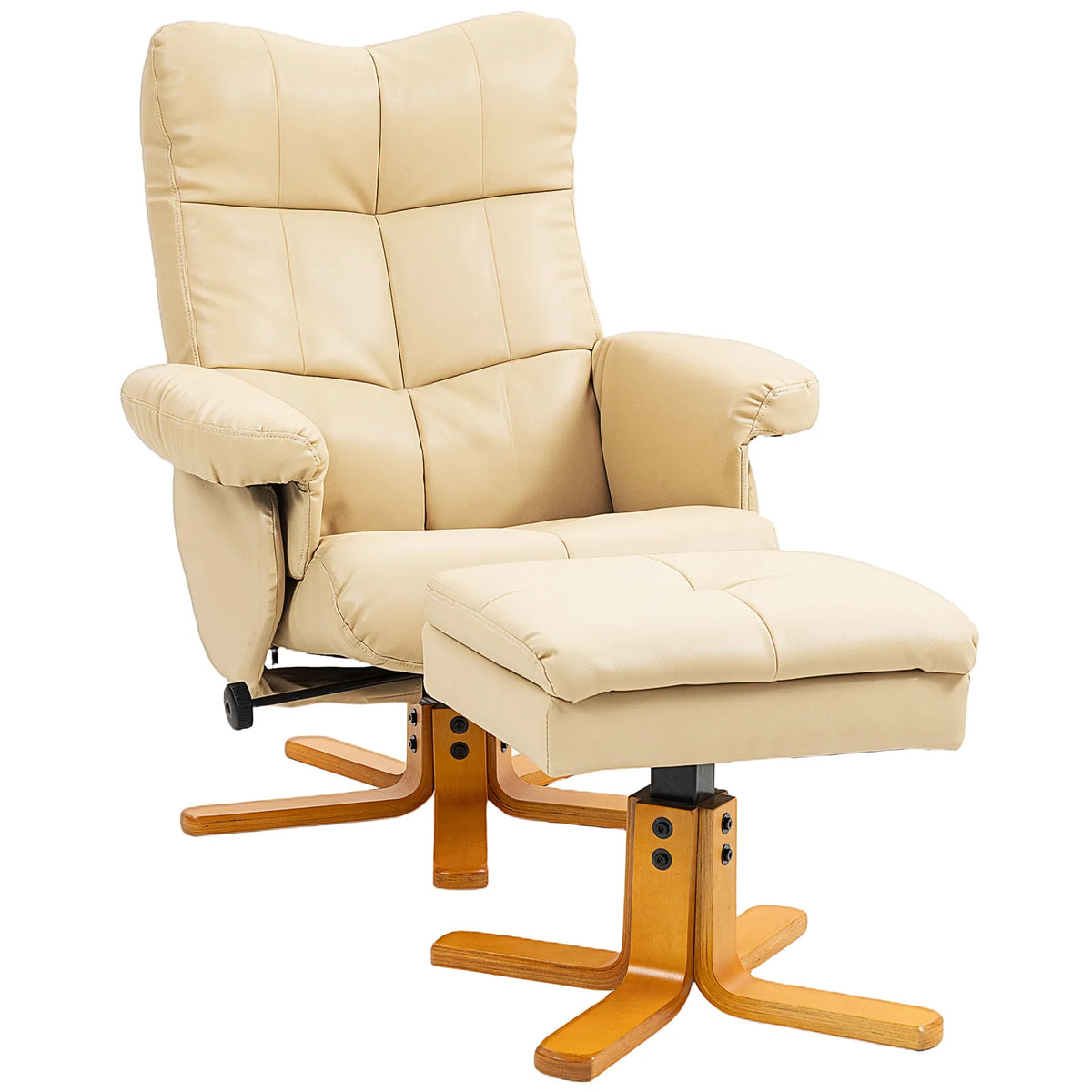 HOMCOM PU Leather Swivel Recliner Chair with Storage Footstool and Wooden Base – Living Room Armchair, Beige