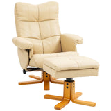 HOMCOM PU Leather Swivel Recliner Chair with Storage Footstool and Wooden Base – Living Room Armchair, Beige
