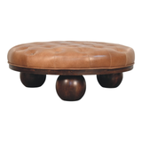 Artisan Furniture Solid Wood Sfera Coffee Table, Brown Leather Tufted Top & Ball Feet – California Walnut