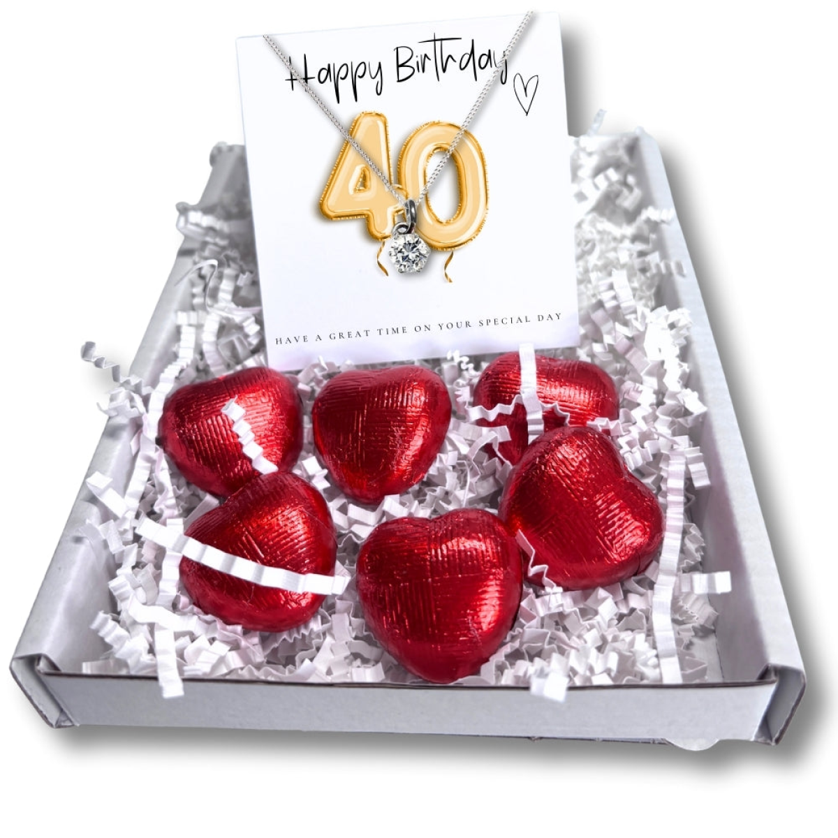 Aye Do Gifts 40th Birthday Mini Gift Hamper with Cubic Zirconia Silver Necklace & Chocolate Hearts
