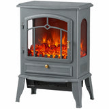 HOMCOM 1000/2000W Electric Fireplace Stove with 3D Flame Log and Thermostat – Freestanding Heater, Grey