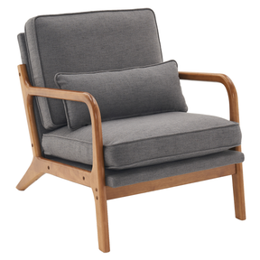 Dark grey upholstered lounge chair with oak armrests