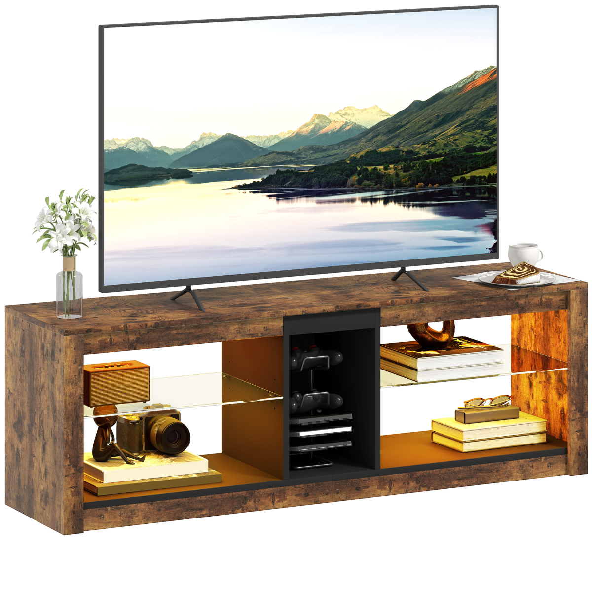 HOMCOM TV Stand with LED Lights & Remote Control – Entertainment Centre for TVs up to 65 Inch, Rustic Brown