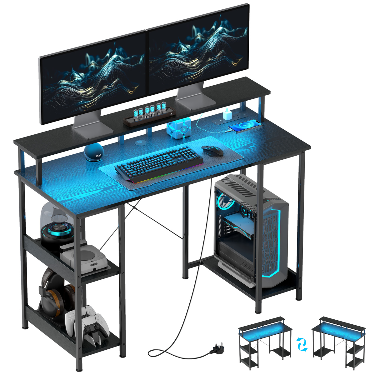 HOMCOM Reversible Computer Desk with Charging Station, RGB LED Lights & Monitor Stand – Home Office, Black