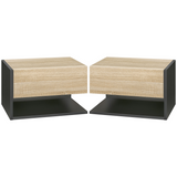 HOMCOM Floating Bedside Tables Set of 2 with Drawer and Open Shelf – Modern Nightstands, Oak and Black