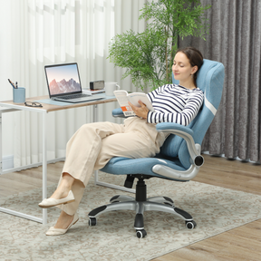Blue linen office chair with flip-up arms