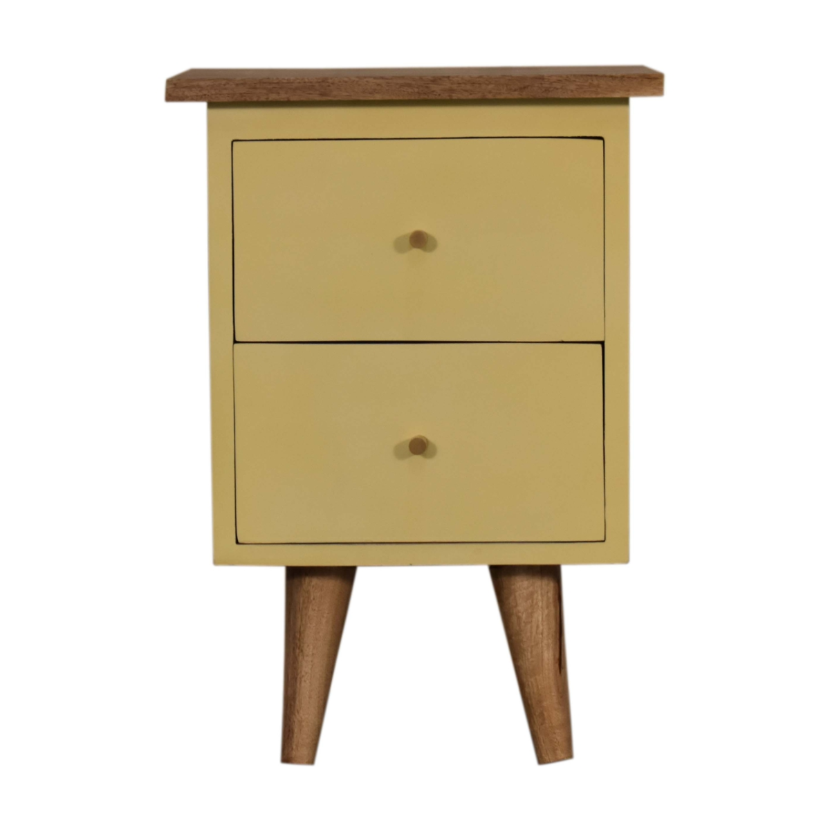 Artisan Furniture Solid Wood Hand Painted Bedside Table with 2 Drawers – Yellow Body, Nordic Legs