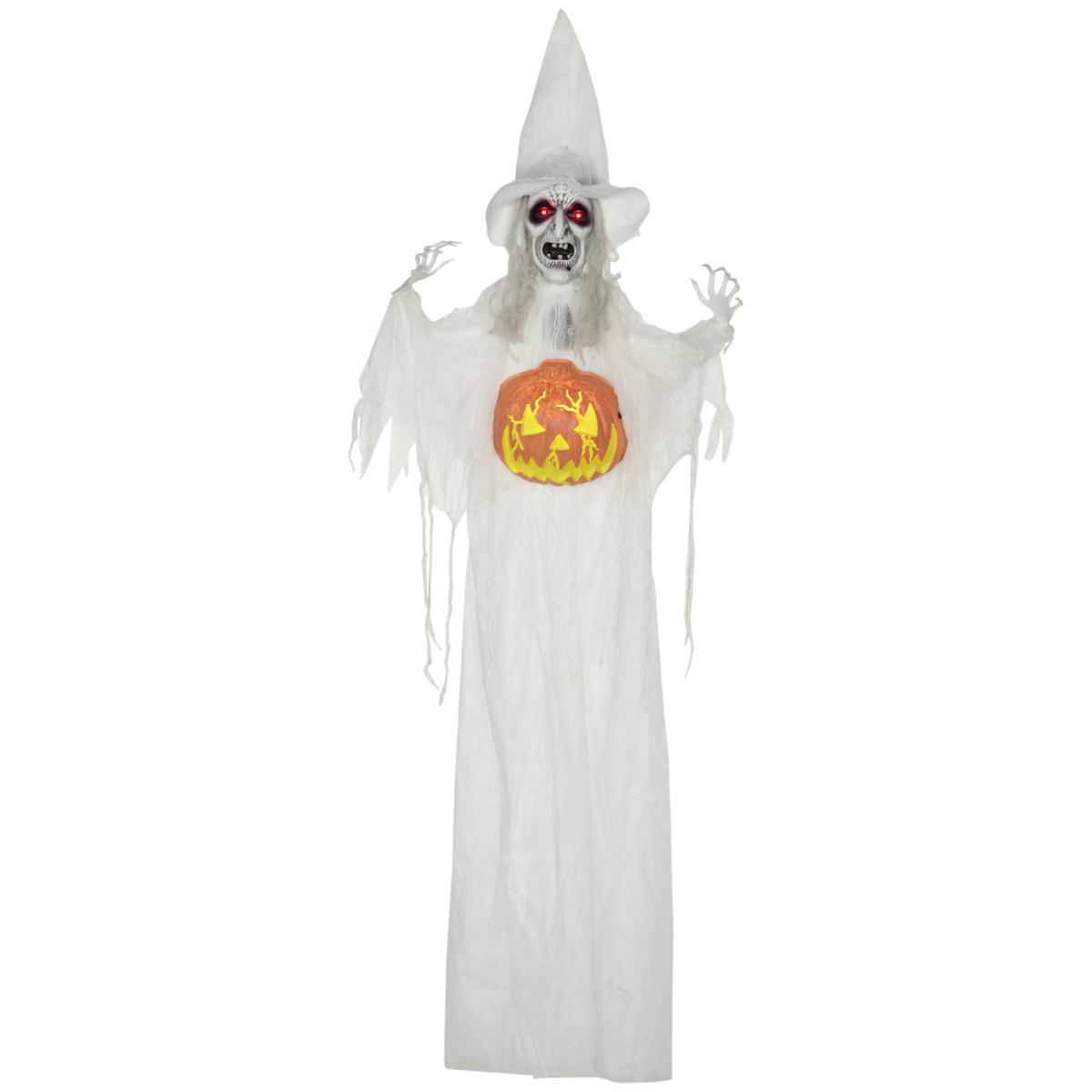 HOMCOM Life Size Witch Prop with Motion and Sound Activation, Light-Up Eyes – Halloween Decoration, White