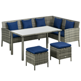 Outsunny 5-Piece Rattan Dining Corner Sofa Set with Glass Table and Footstools – Garden Furniture, Dark Blue