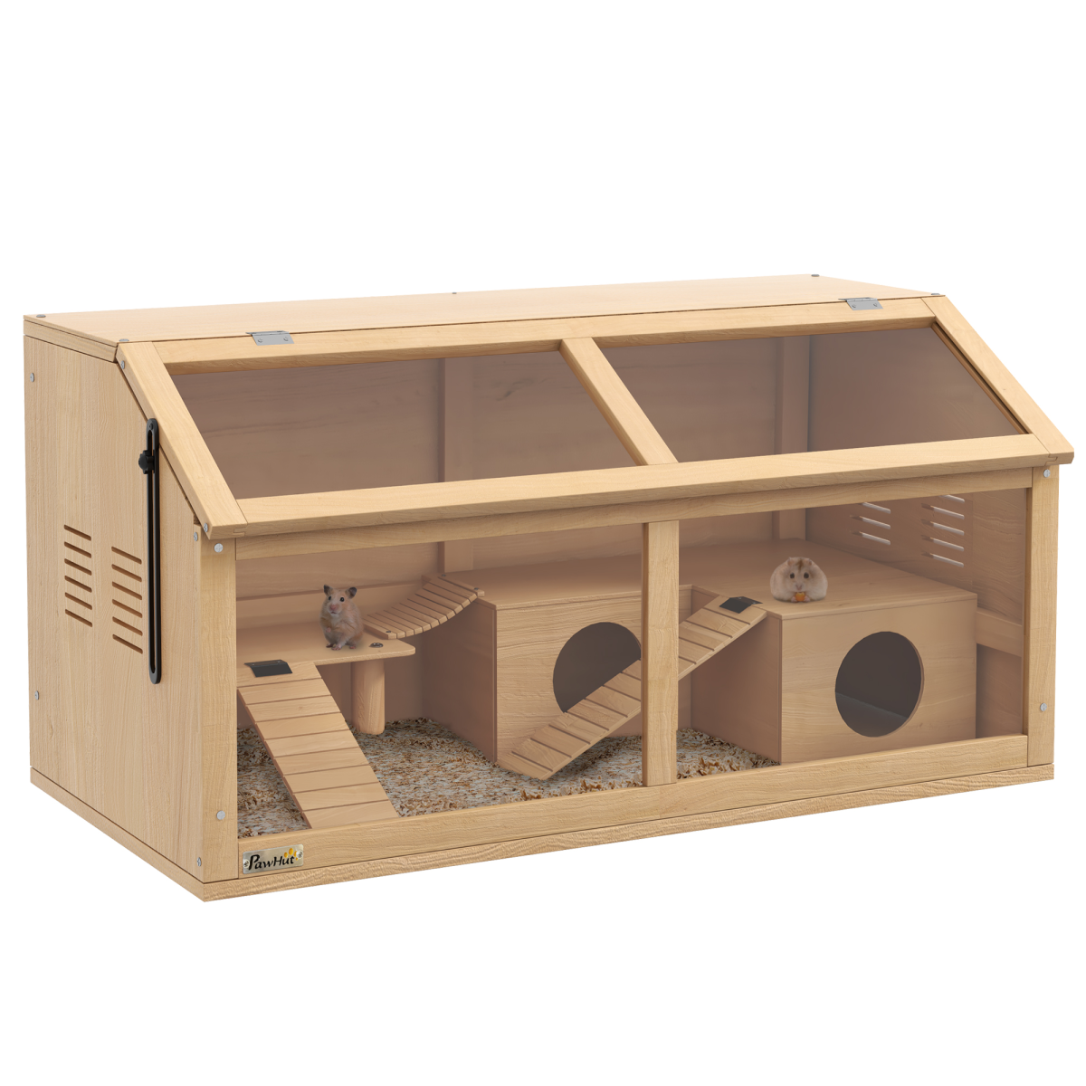 PawHut Wooden Hamster Cage for Gerbils with Suspension Bridge, Ladders, Platform & Hut – Natural Wood