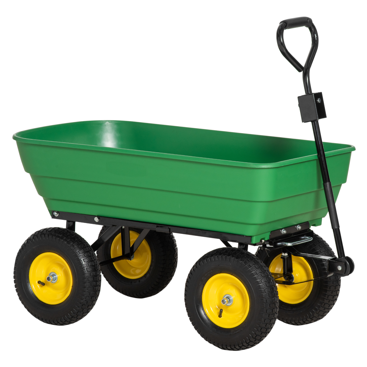Outsunny 125L Heavy Duty 4-Wheel Garden Cart with Tipping Mechanism – Steel Trolley Wheelbarrow, Green