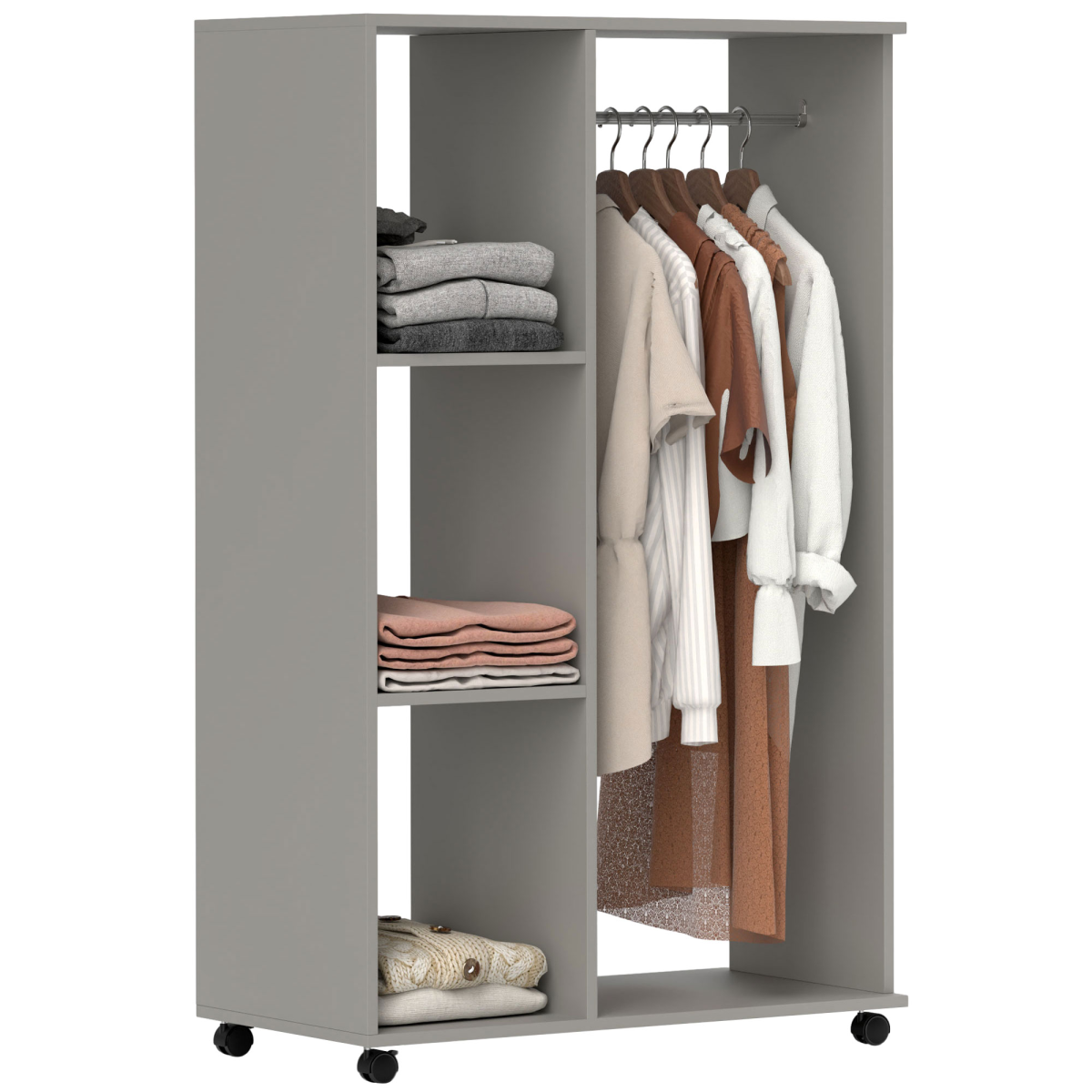 HOMCOM Rolling Open Wardrobe with Hanging Rail & 3 Shelves – Clothes Storage on Wheels, Grey