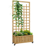 Outsunny Wooden Trellis Planter Raised Bed with Wheels & Liner, 54L – Climbing Plants, Natural Wood