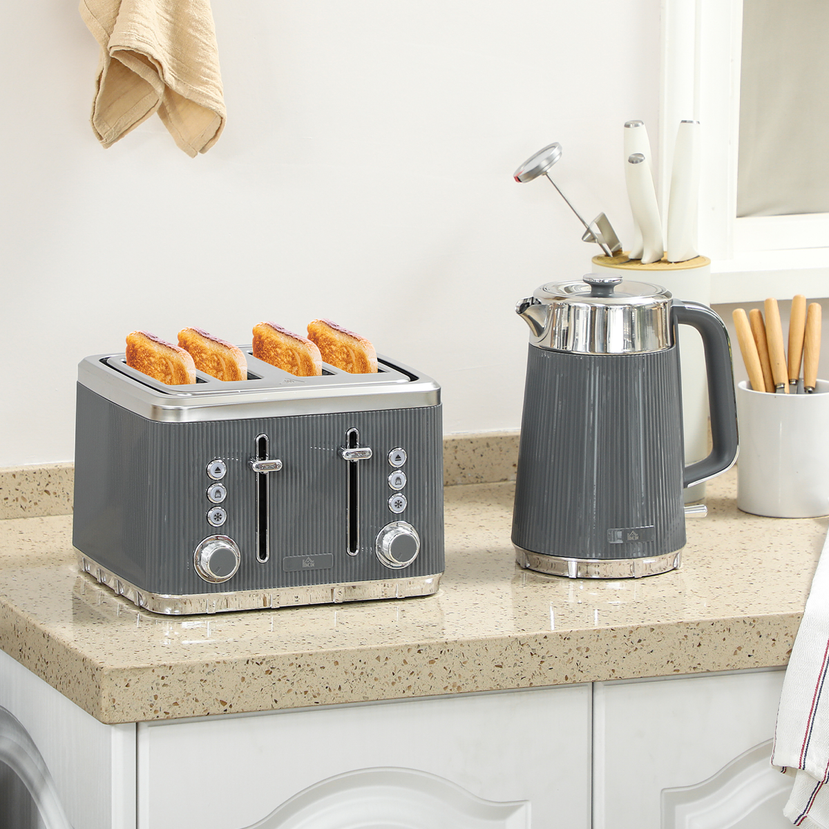 Kettle and 4-Slice Toaster Set with 1.7L 3000W Fast Boil Kettle & 7 Browning Levels – Ridged Design, Grey
