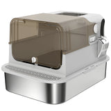 PawHut XXL Stainless Steel Cat Litter Box with 90° Flip Cover, Double Doors & Scoop – Enclosed, Grey