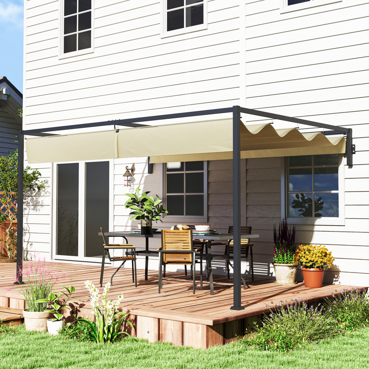Outsunny 3x4m Wall-Mounted Pergola with Retractable Roof Canopy, UV-Resistant Polyester – Garden Shade, Khaki