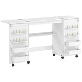 HOMCOM Folding Sewing Table with 2 Magnetic Doors and Lockable Wheels – Craft Cabinet, White