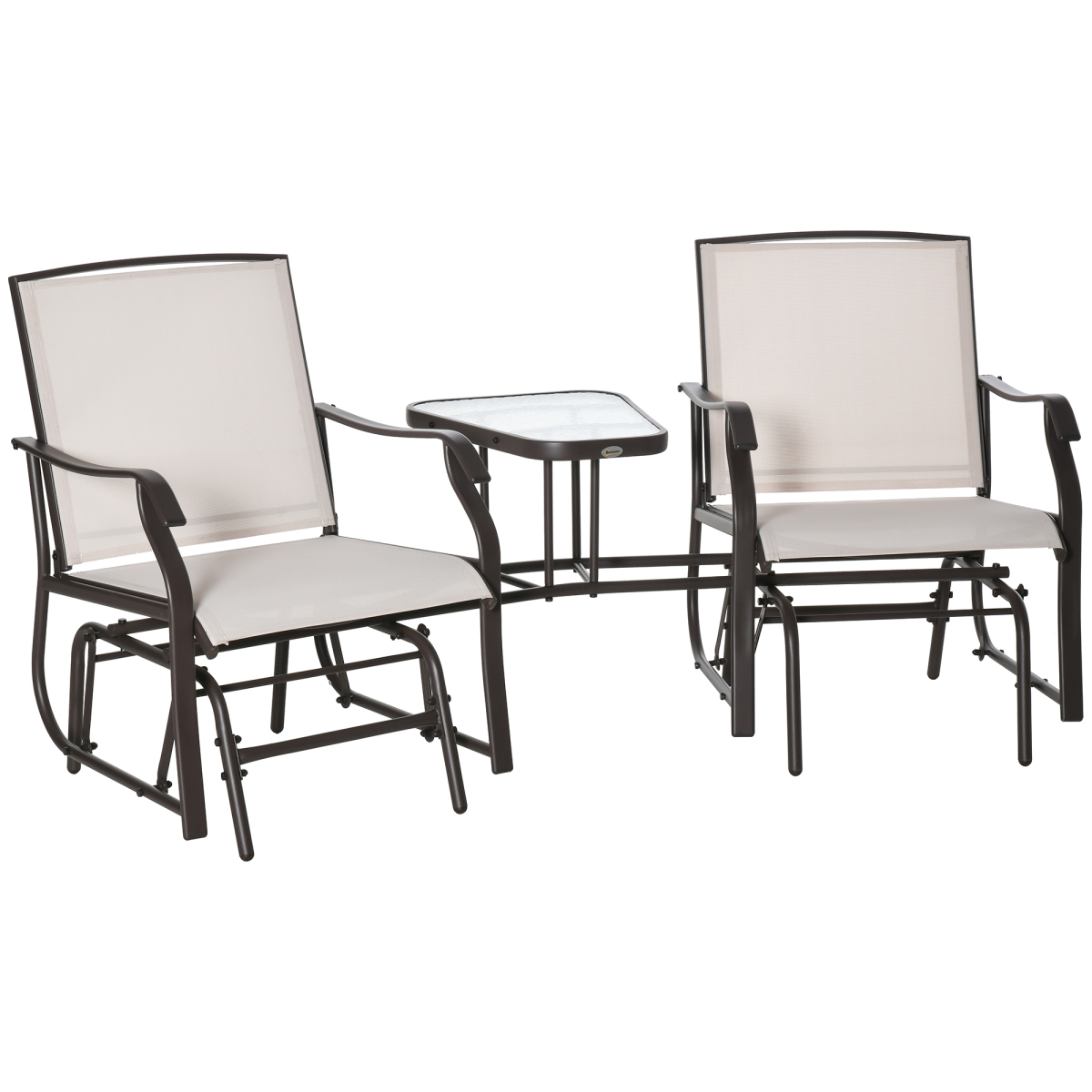 Outsunny Double Glider Rocking Loveseat with Glass Middle Table & Textilene Mesh – Garden Seating, Beige