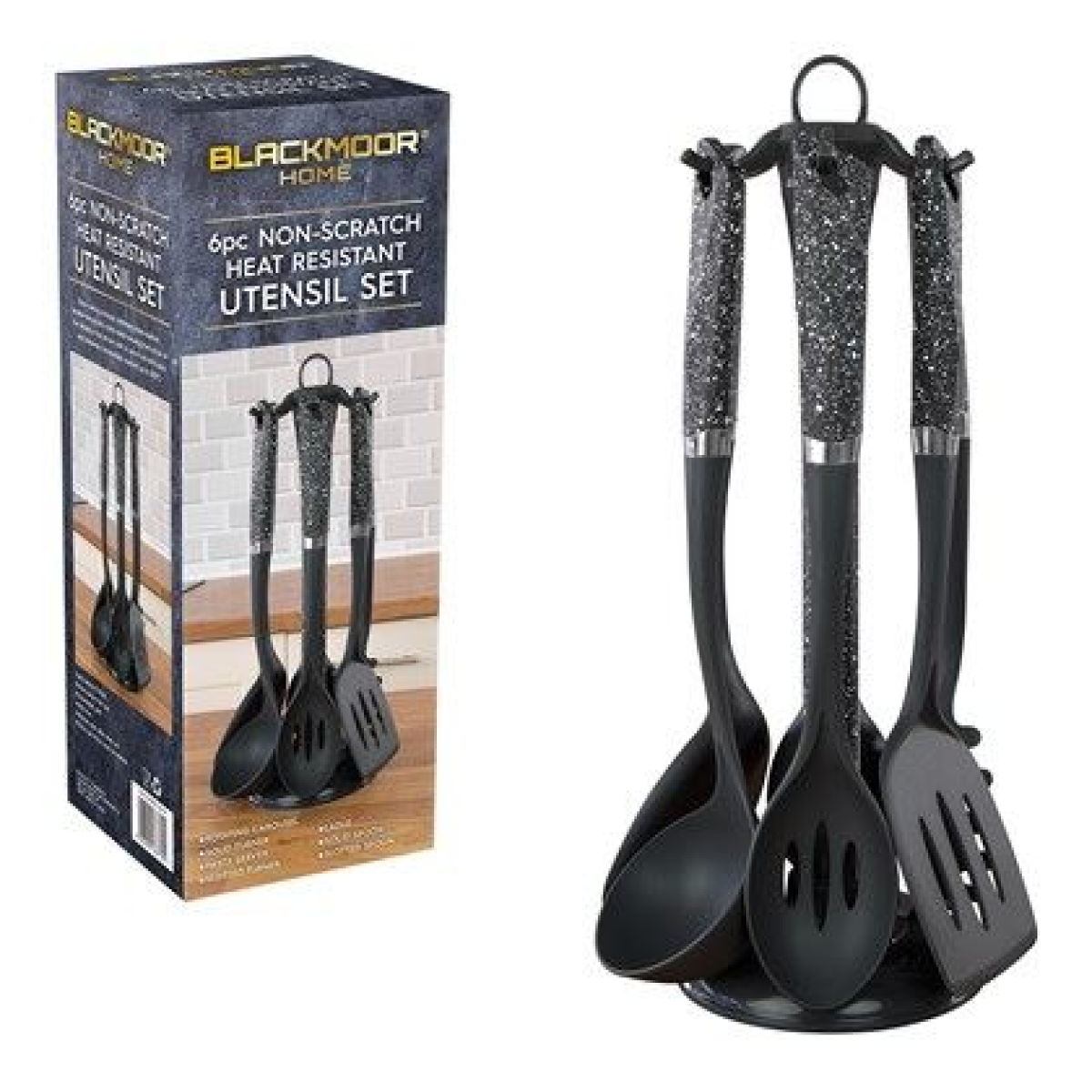 Blackmoor 6 Piece Nylon Kitchen Utensil Set with Spinning Stand – Non-Scratch, Black Marble Effect