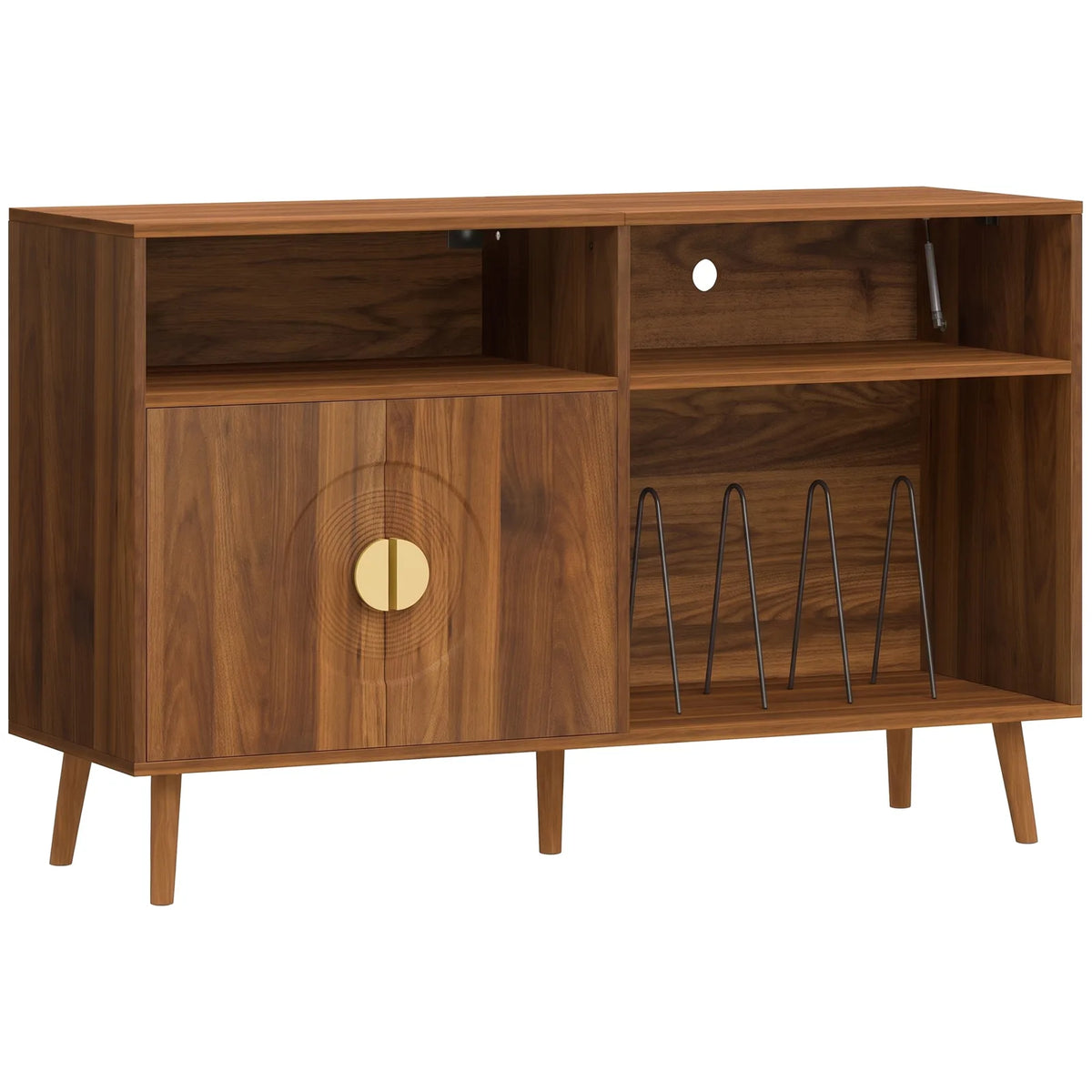 HOMCOM Record Player Stand with Vinyl Storage for up to 300 Albums – Flip-Top Compartment and Cabinet, Walnut