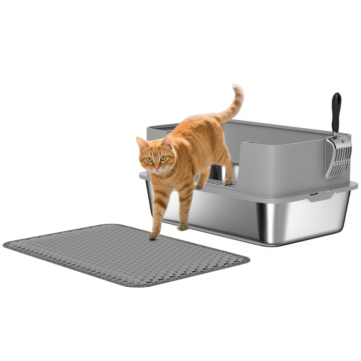 PawHut Stainless Steel Cat Litter Box with Scoop, High Sides & Snap-Lock Lid – Litter Tray for Cats up to 15kg, Grey