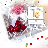 18th Birthday Cubic Zirconia Silver Stretch Bracelet Mini Gift Hamper with Chocolate Hearts & Dried Flower Bouquet