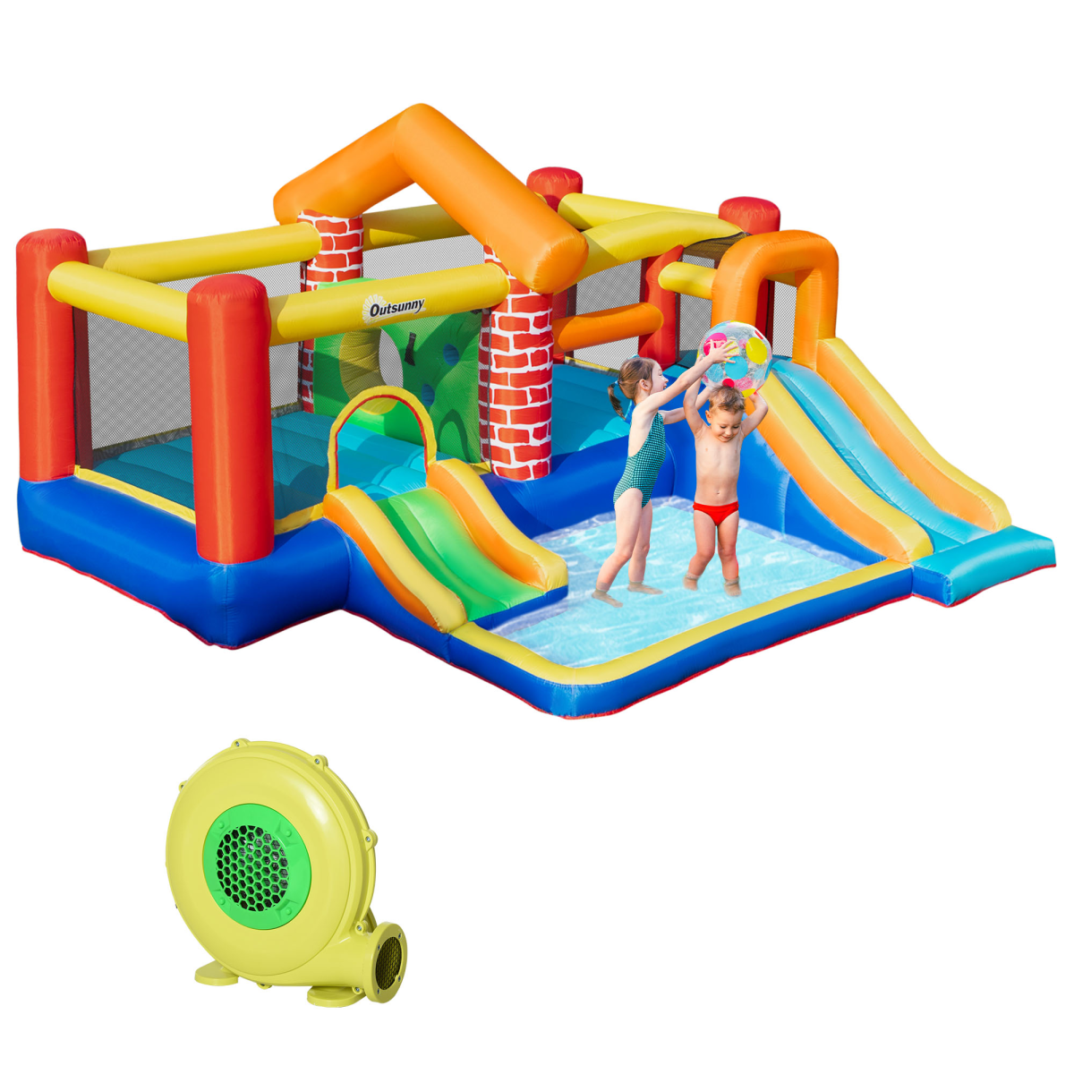 Kids Bouncy Castle with Double Slides, Splash Pool & Two Trampolines – Garden Inflatable with 450W Blower
