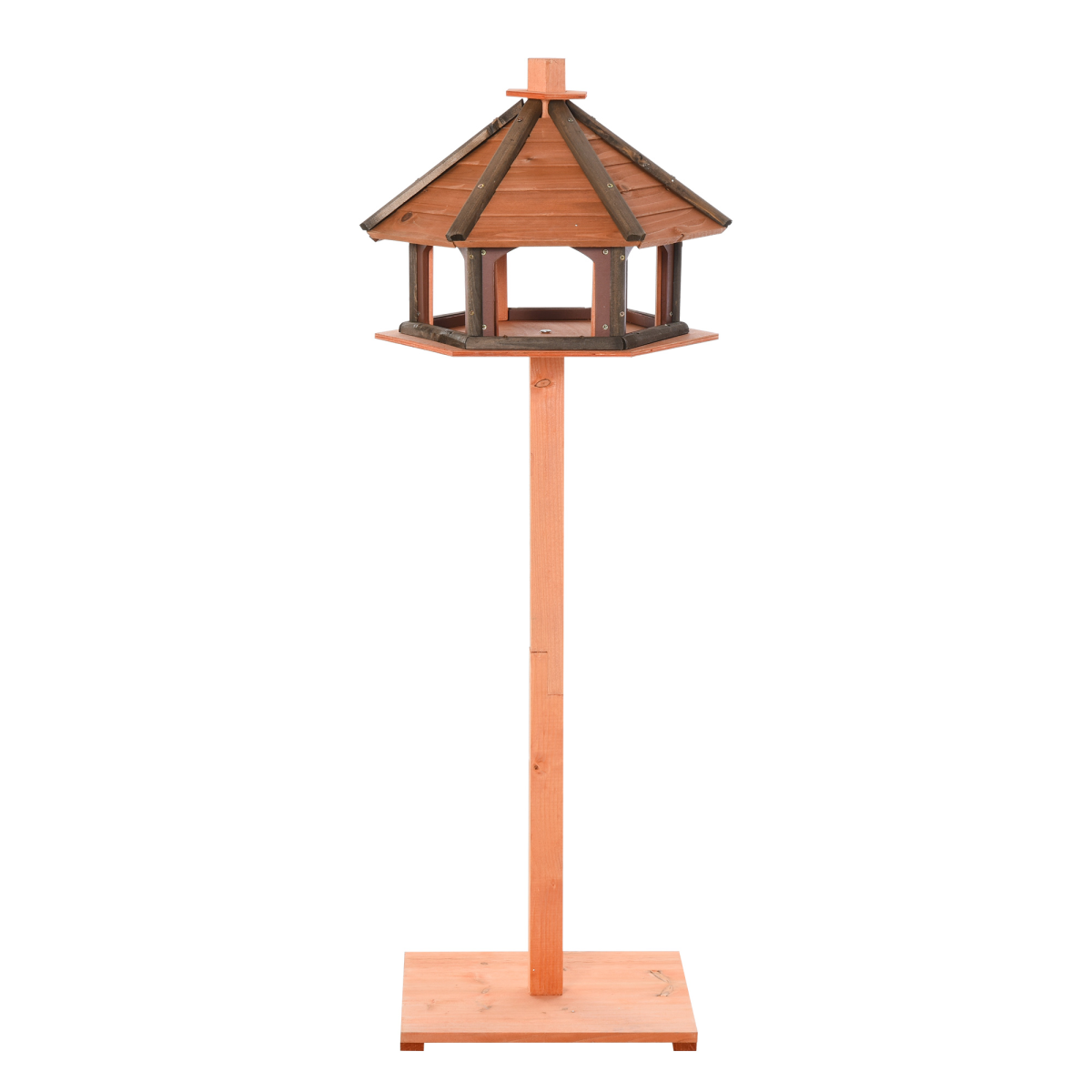 PawHut Wooden Bird Table with Roof, Fir Wood Feeding Platform – Garden Bird Feeder Stand, Brown, 130cm