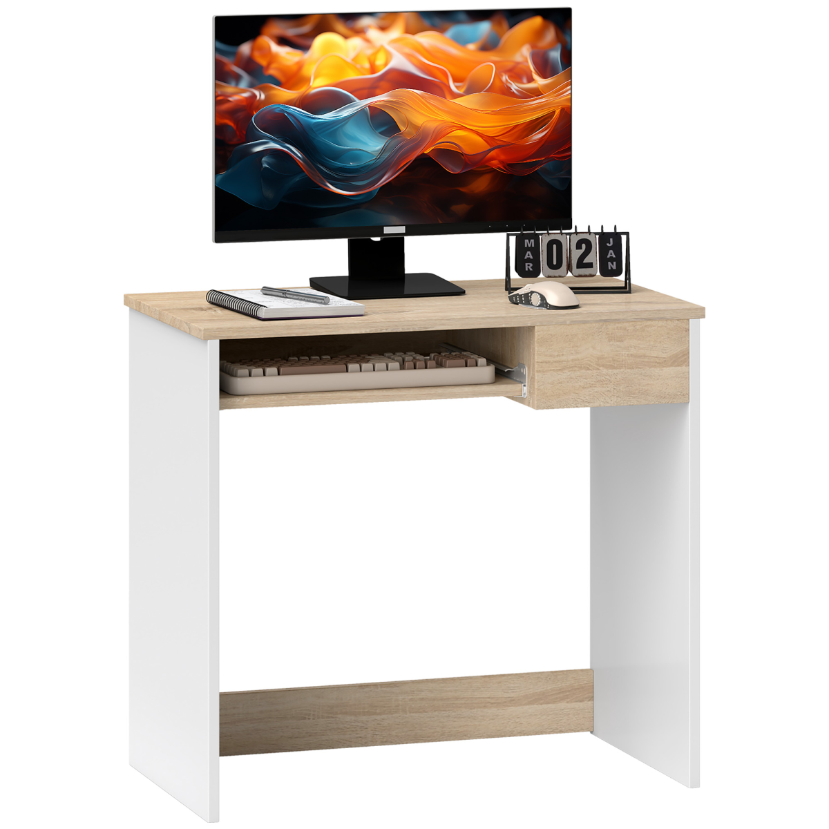HOMCOM Compact Computer Table with Keyboard Tray and Drawer – Home Office Desk, Oak