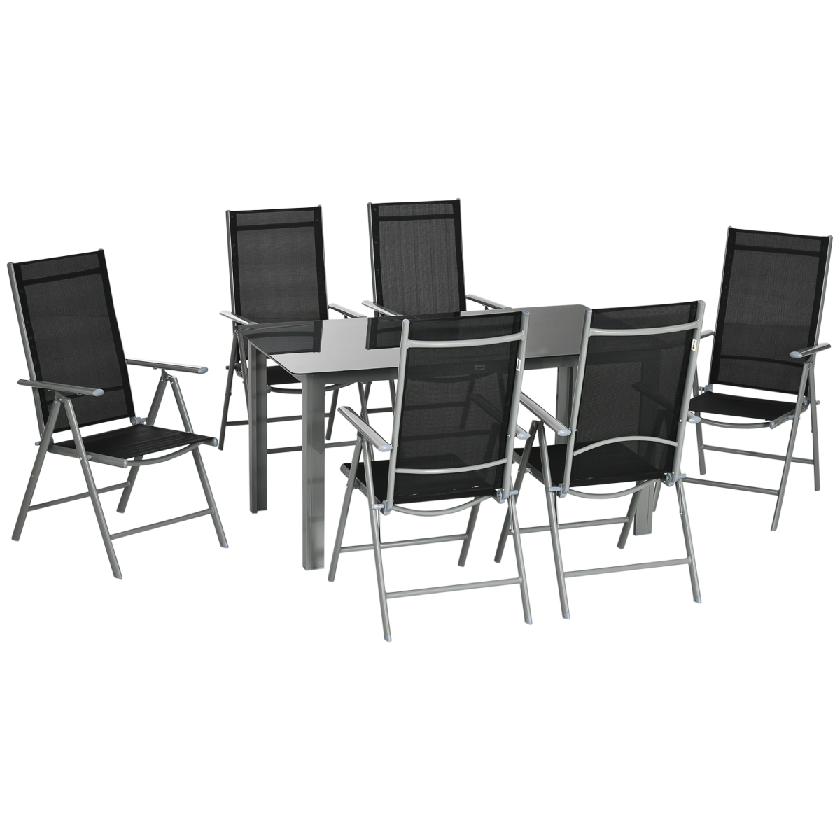 Outsunny 7-Piece Aluminium Garden Dining Set with Glass-Top Table & 6 Folding Chairs – Outdoor Furniture, Black