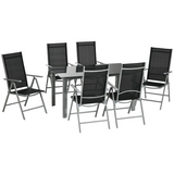 Outsunny 7-Piece Aluminium Garden Dining Set with Glass-Top Table & 6 Folding Chairs – Outdoor Furniture, Black