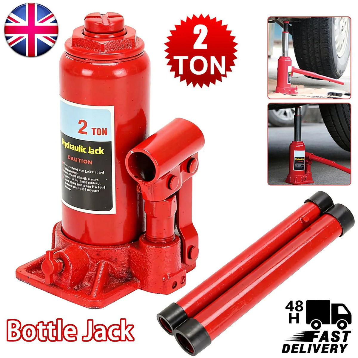 Hydraulic Bottle Jack 2 Tonne with Overload Safety Valve – High Lift for Car, Van, Trailer & Boat, Red