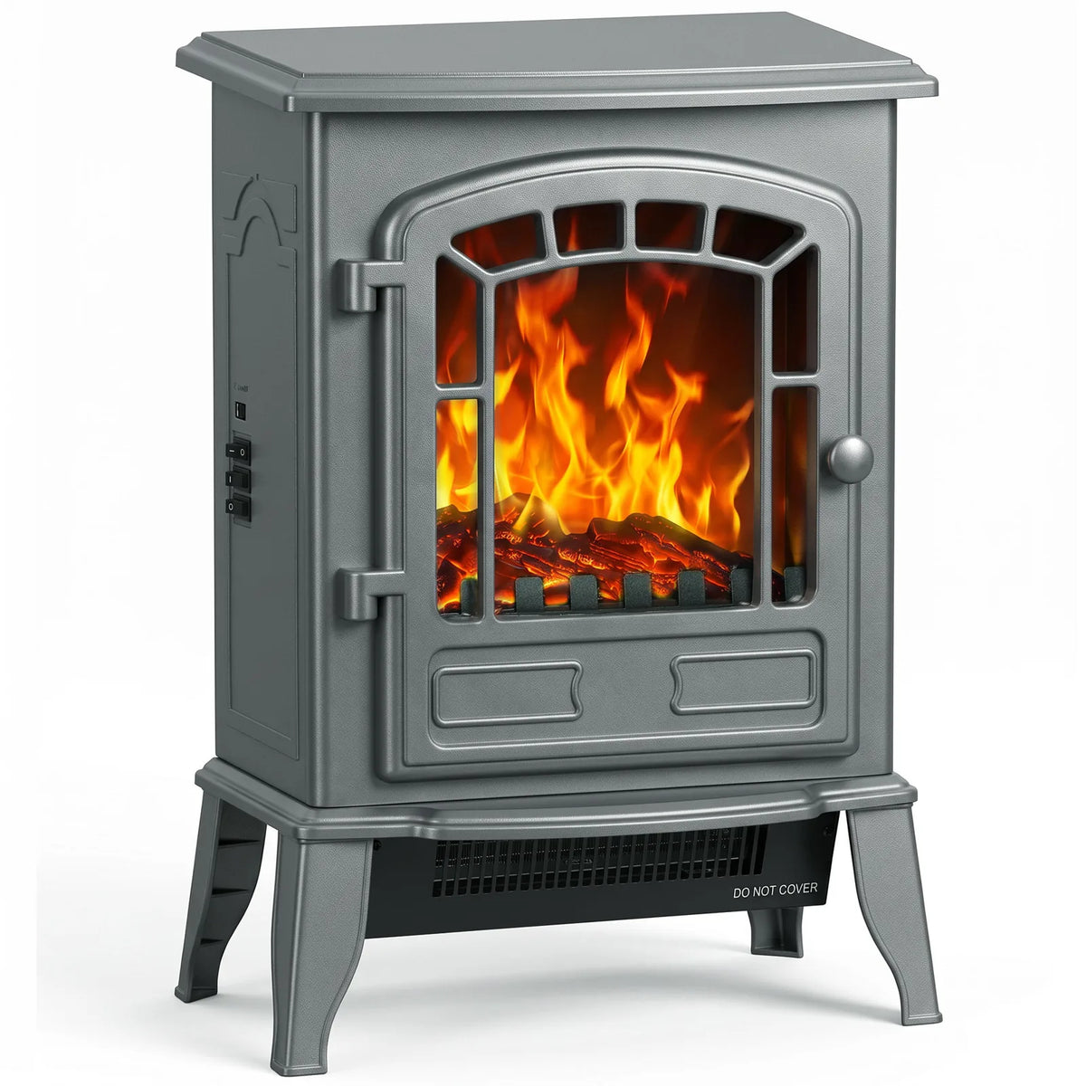 HOMCOM Electric Fireplace Stove, 1000W/2000W Freestanding Fire with LED Flame and Thermostat – Grey