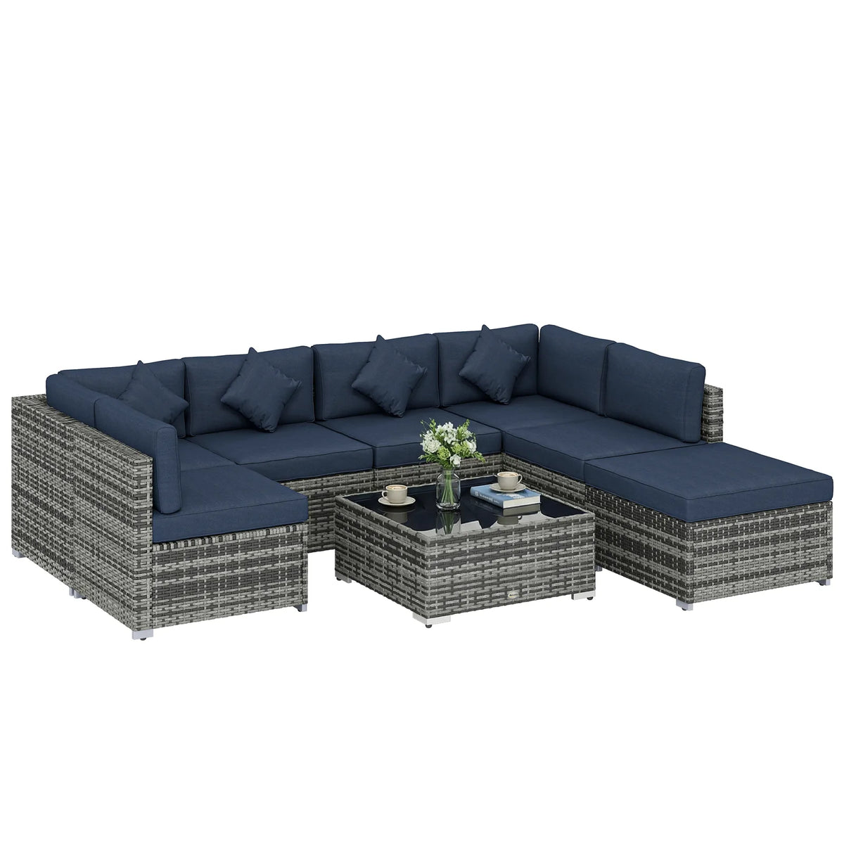 Outsunny 8 Piece PE Rattan Corner Sofa Set with Glass Coffee Table, Footstool and Cushions, Dark Blue