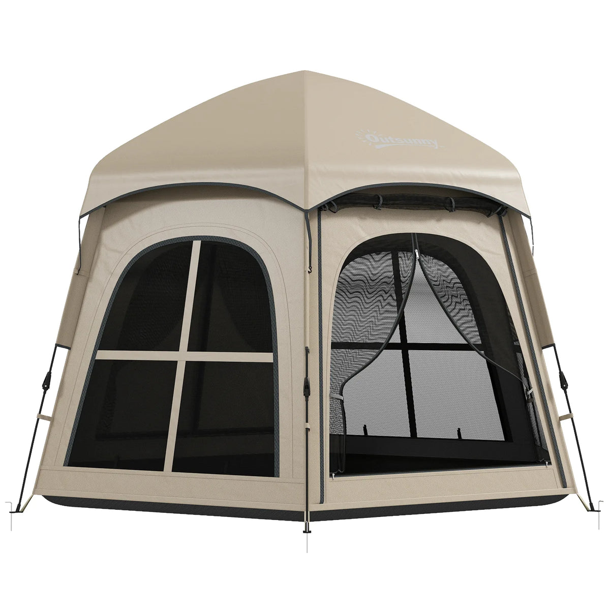 Outsunny Pop Up Tent for 3-4 Persons with 2 Doors & 4 Windows – 3000mm Waterproof Blackout Camping Tent, Khaki