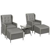 Outsunny Five-Piece Rattan Garden Furniture Set with Reclining Armchairs, Footstools & Glass Table, Charcoal Grey