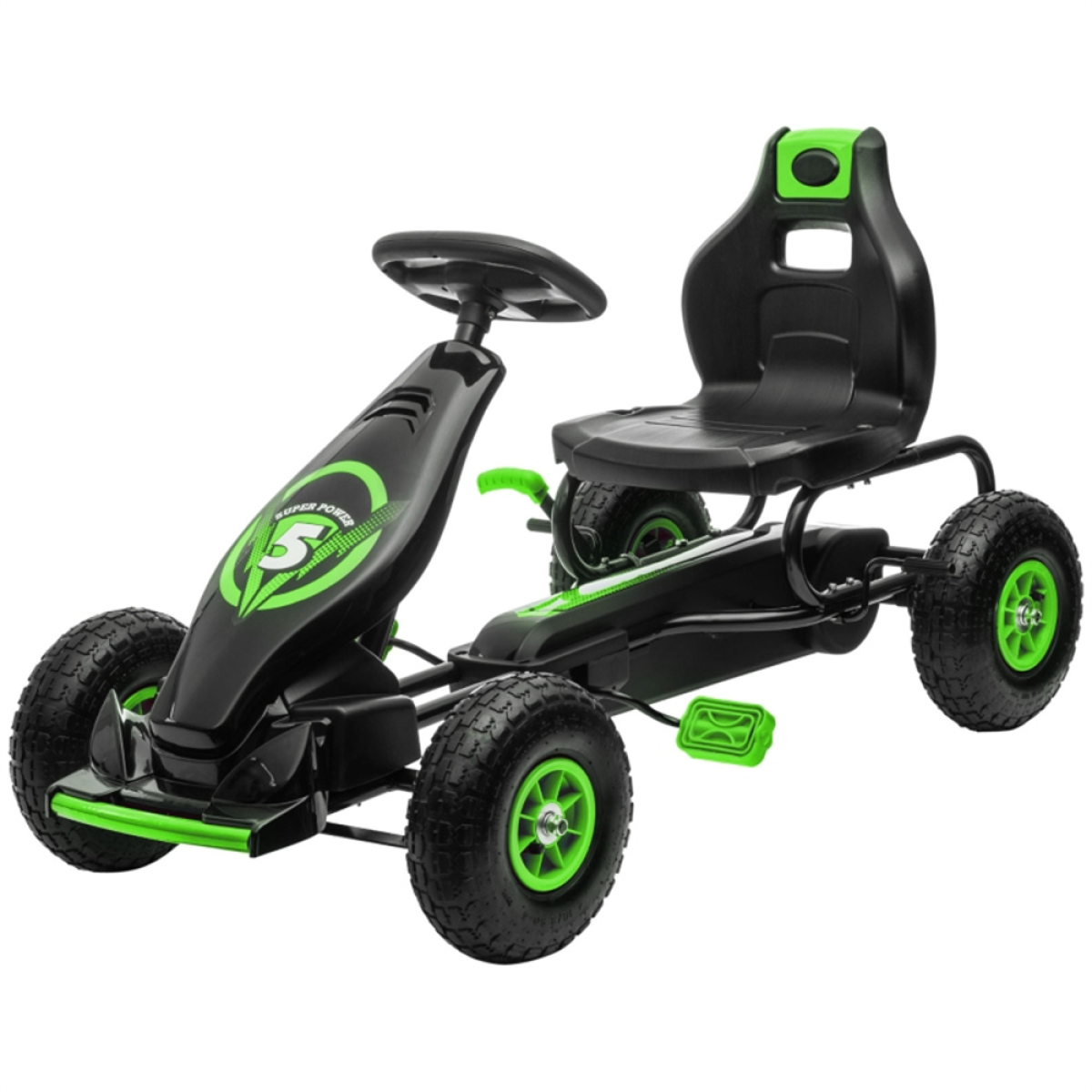 Kids Pedal Go Kart with Adjustable Seat, Handbrake & Rubber Wheels – Ride-On for Ages 5–12, Green and Black