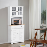 Kitchen Storage Cabinet with Glass Door, Louvred Door, 2 Drawers & Rubberwood Countertop – Coastal Style, White