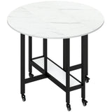 HOMCOM Folding Drop Leaf Dining Table with Open Shelf and Lockable Wheels – Small Spaces, White Marble