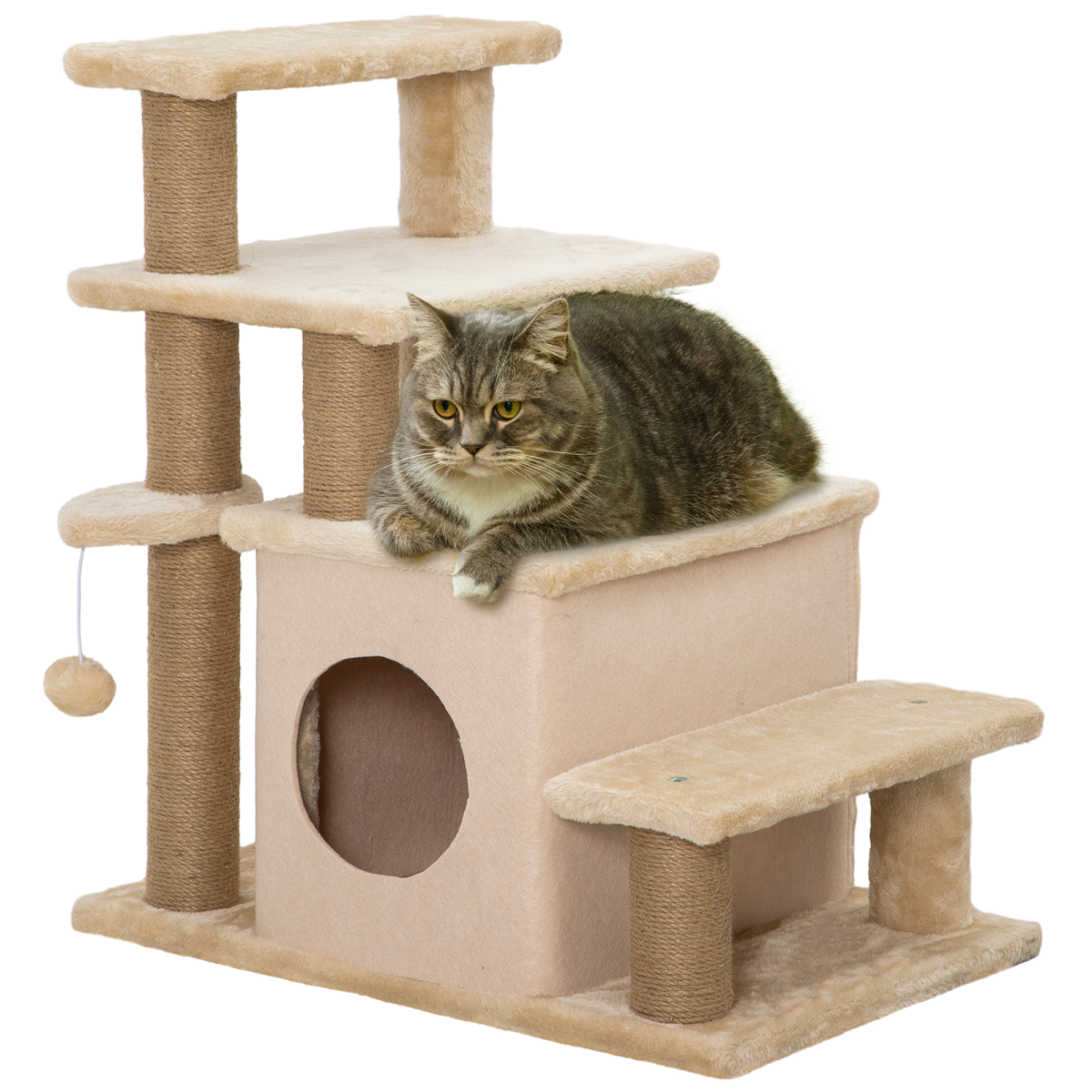 PawHut 4-Step Dog Stairs for Bed with Cat House & Detachable Cover – Pet Steps, Beige
