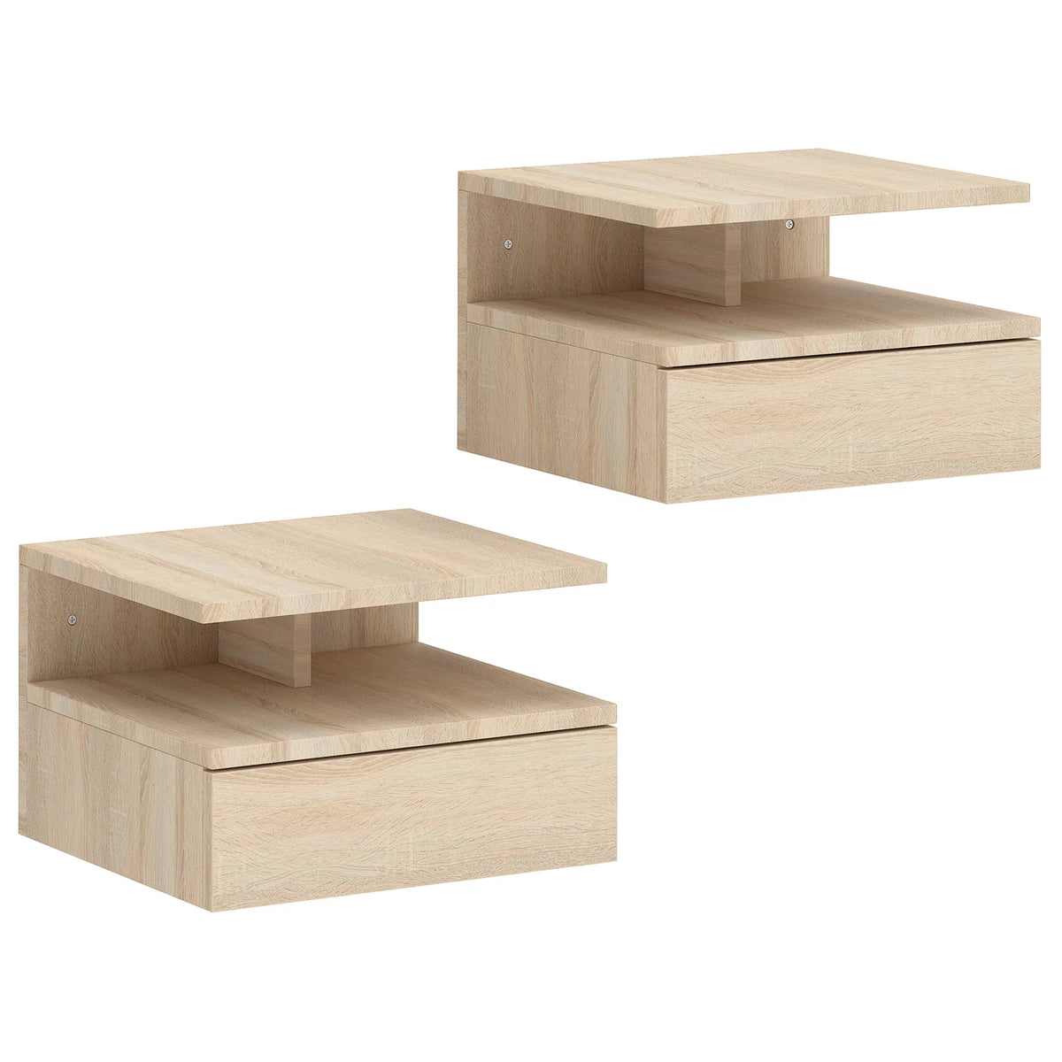 HOMCOM Set of Two Floating Bedside Tables with Handle-Free Drawer & Open Shelf – Wall-Mounted Nightstands, Oak