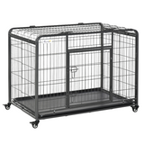 PawHut Foldable Metal Dog Crate with Lockable Doors, Wheels & Removable Tray – Large Dog Kennel