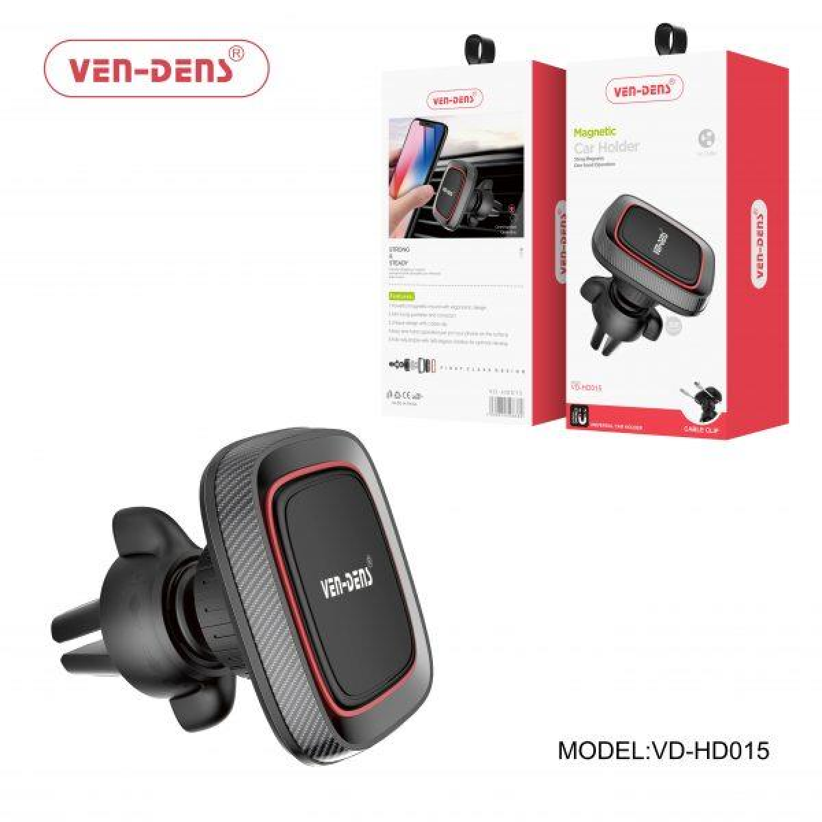 Ven-Dens Magnetic Car Phone Holder with 360-Degree Rotation & Cable Clip – Air Vent Mount, Compact Design