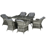 Outsunny 7-Piece Rattan Garden Dining Set with Tempered Glass Table, Umbrella Hole & Cushioned Armchairs