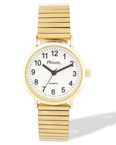 Ravel Ladies Everyday White Dial Watch with Gold-Tone Stainless Steel Expander Bracelet, 27mm