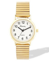 Ravel Ladies Everyday White Dial Watch with Gold-Tone Stainless Steel Expander Bracelet, 27mm