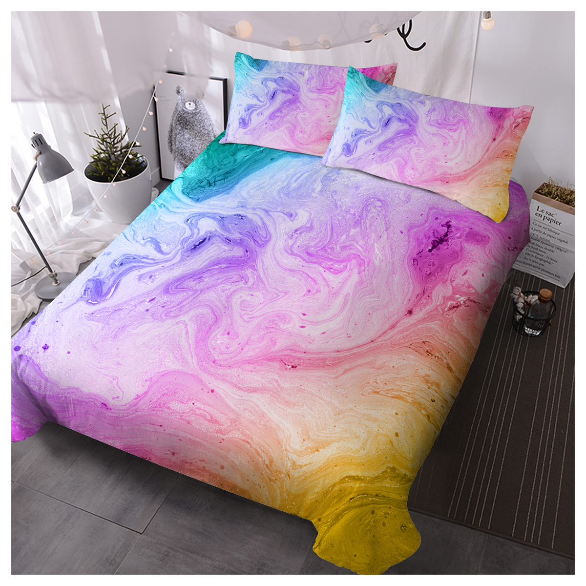 Rainbow Glitter Ombre Duvet Cover Set with 2 Pillow Shams – Unicorn Pastel Single Bedding
